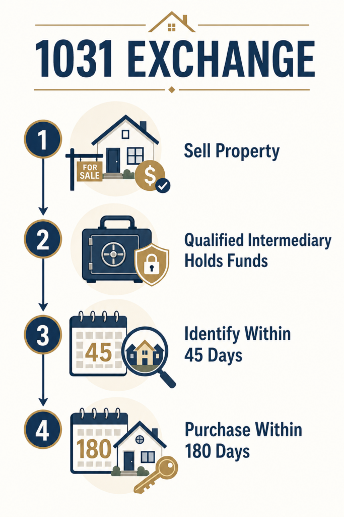 Illustration representing a 1031 Exchange for real estate investors, showing the process of selling one investment property and purchasing another with timeline included.