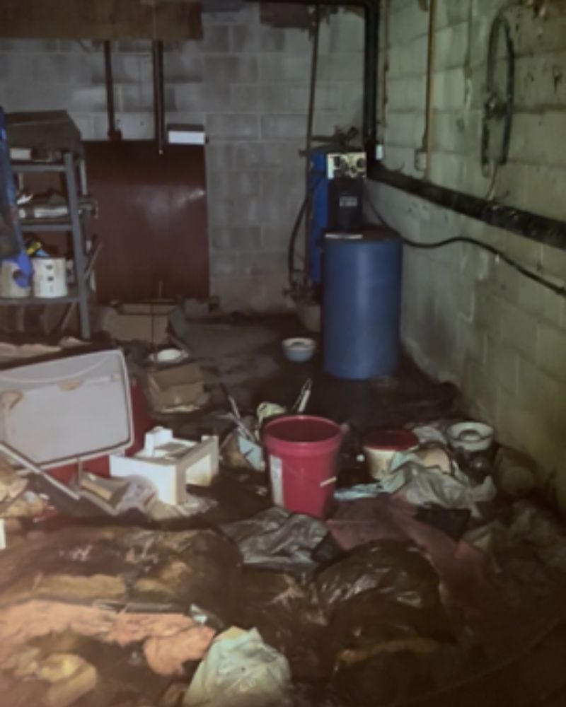 A hoarder house basement covered with garbage